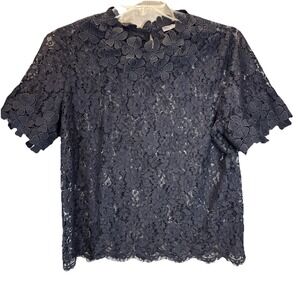 ANTHROPOLOGIE BLUE TASSEL TOP WOMENS SIZE BLACK LACE